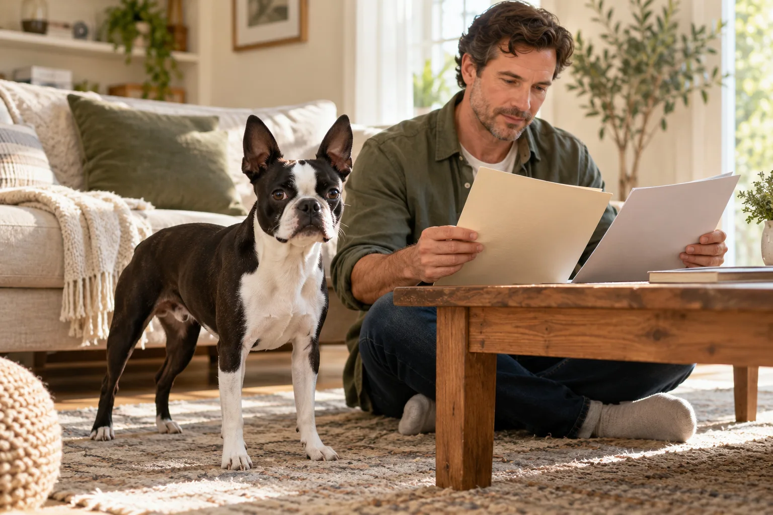 Owner reviewing two documents beside a black-and-white dog